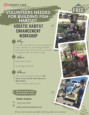 Help make the lake better for a variety of aquatic life by providing habitat and spawning structures. Sat. Sept. 23, 2023 at Cochiti Lake!